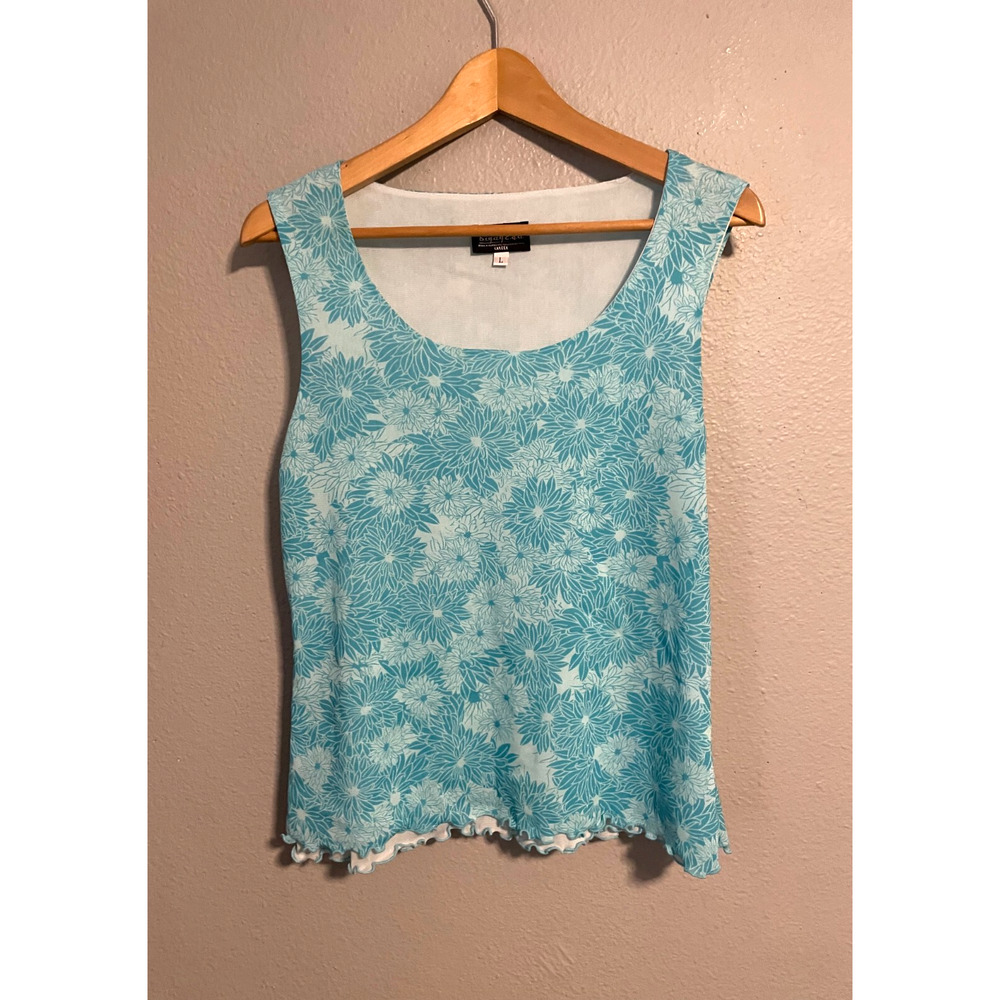 Biyaycda Womens Top Large Blue Floral Mesh Sleeveless Lettuce Hem Fairy 90s Y2K